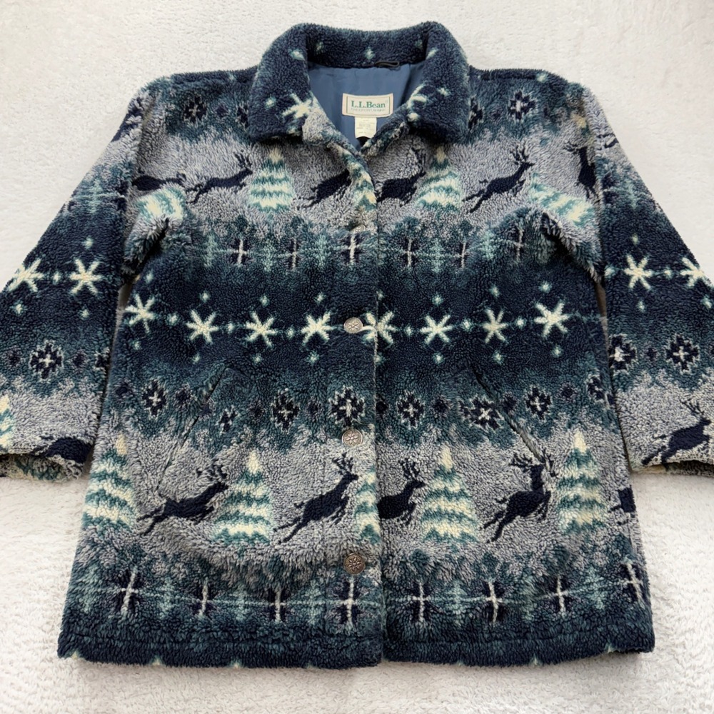 LL Bean Women's Fleece Jacket Winter Deer Tree Snowflake Blue M USA Deep Pile